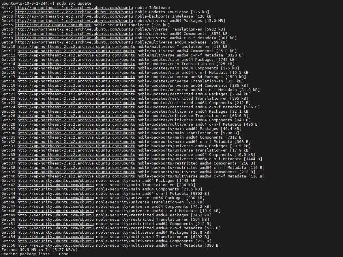 sudo apt update succeeding on the Private Subnet EC2 after the NAT Gateway is connected