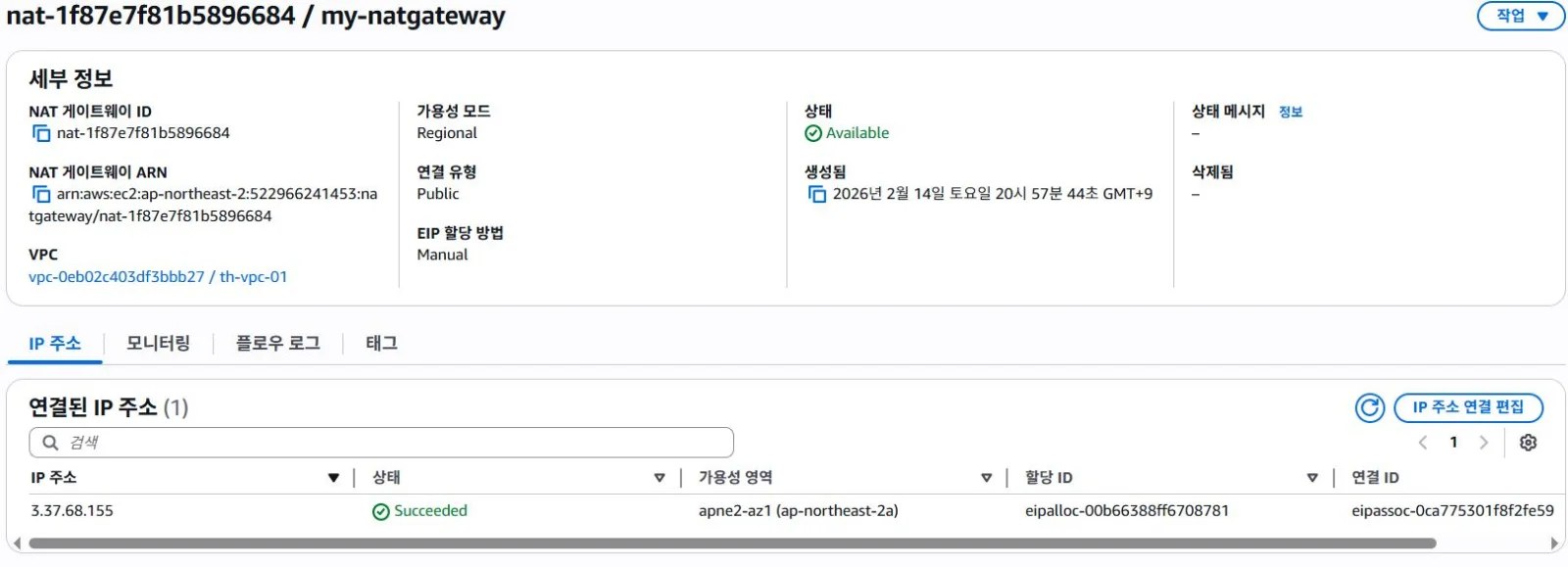 Status and attached IP info of the created nat-xxxx gateway