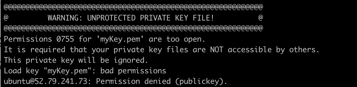 AWS EC2 SSH UNPROTECTED PRIVATE KEY FILE warning message