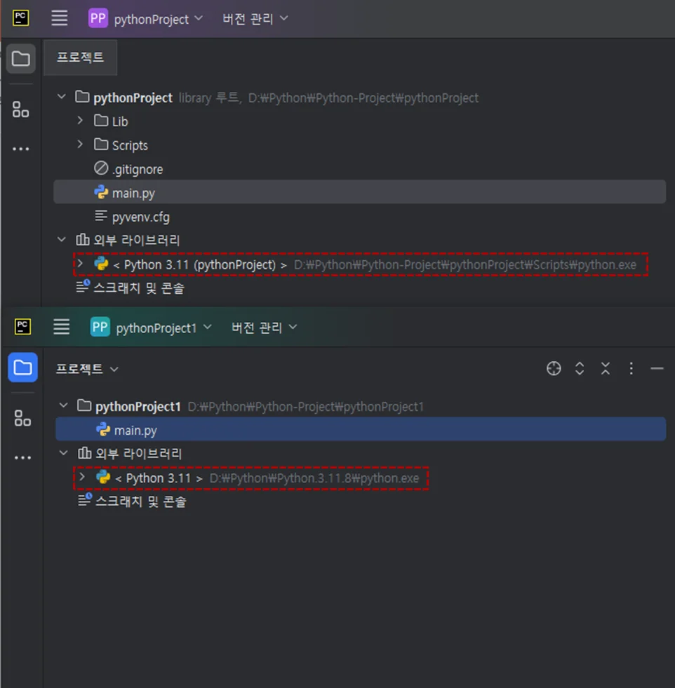 가상환경 프로젝트와 global site-packages 참조 프로젝트의 외부 라이브러리 경로 비교