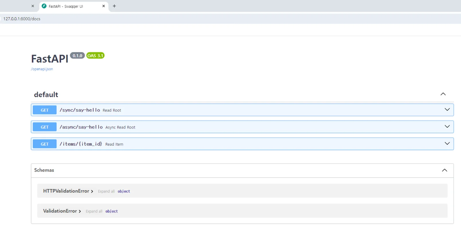 FastAPI 내장 Swagger-UI(/docs) 화면
