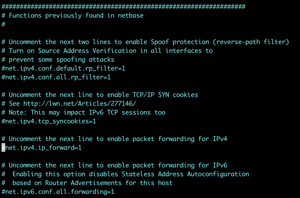 /etc/sysctl.conf 편집기 — net.ipv4.ip_forward 주석 처리 상태
