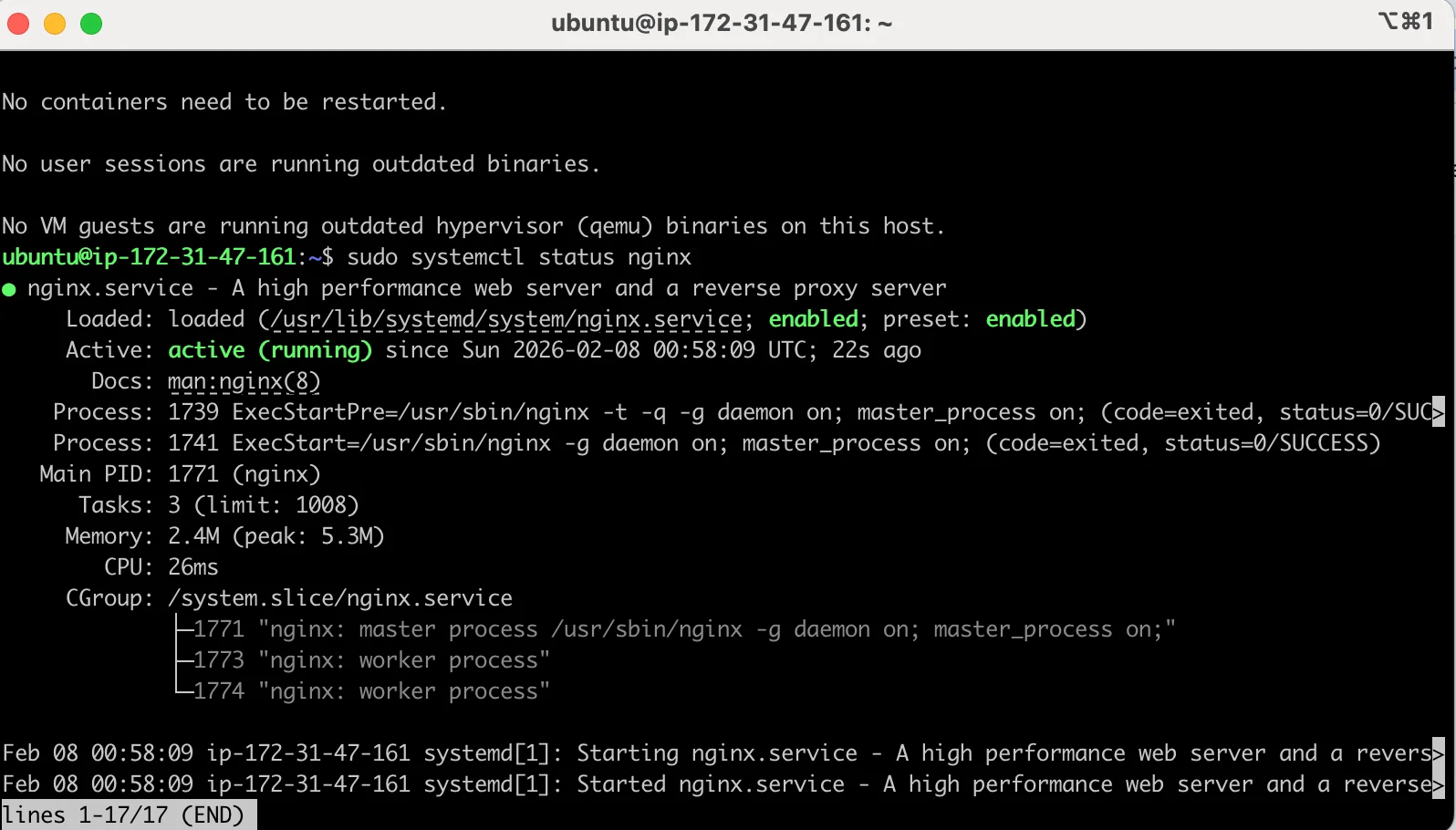 systemctl status 로 nginx 구동 상태 확인