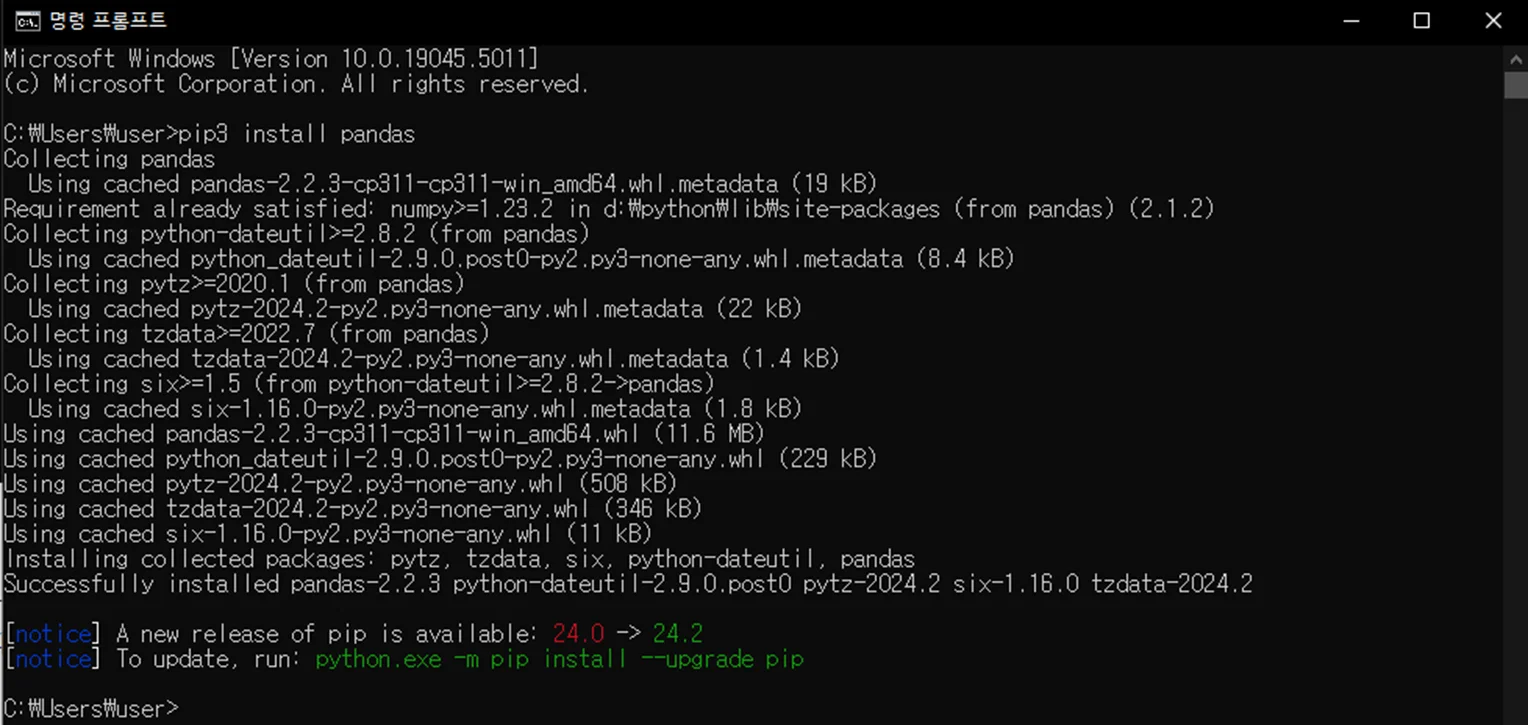 Installing pandas with pip